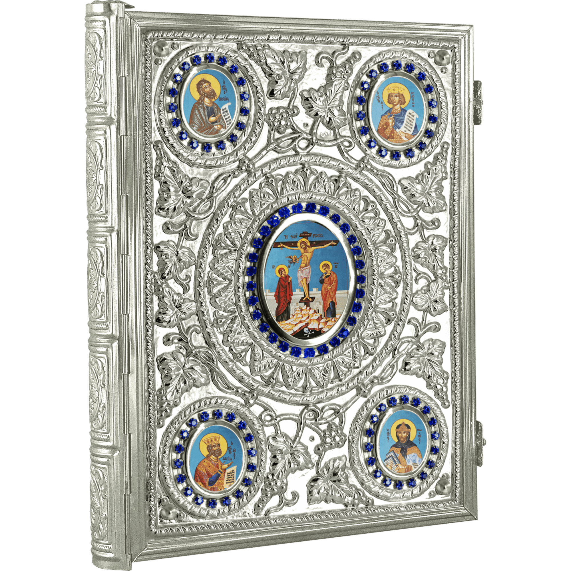 Intricate silver Orthodox icon frame with colorful religious images of saints and Jesus Christ, decorated with blue gemstones and floral patterns, ideal for church decoration and religious worship.
