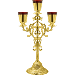 Elegant gold candelabrum with three red candles, perfect for church religious ceremonies and church furnishings.