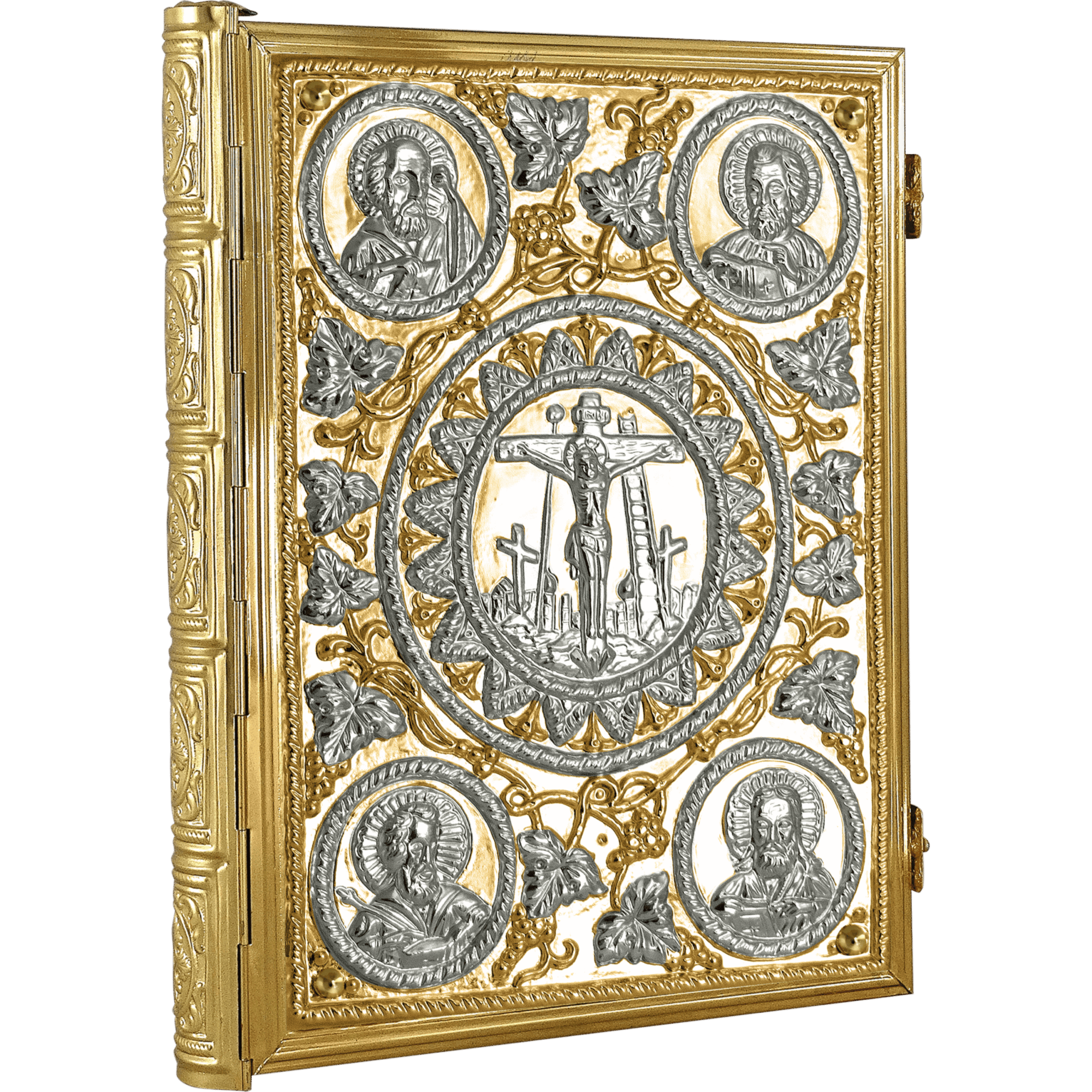 Sacred Orthodox Christian religious icon with gold and silver details, featuring Jesus Christ on the cross and saints, used in church rituals.