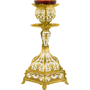Ornate gold and white religious candle holder for church rituals, featuring intricate scrollwork and traditional design elements. Perfect for ecclesiastical ceremonies and church décor.