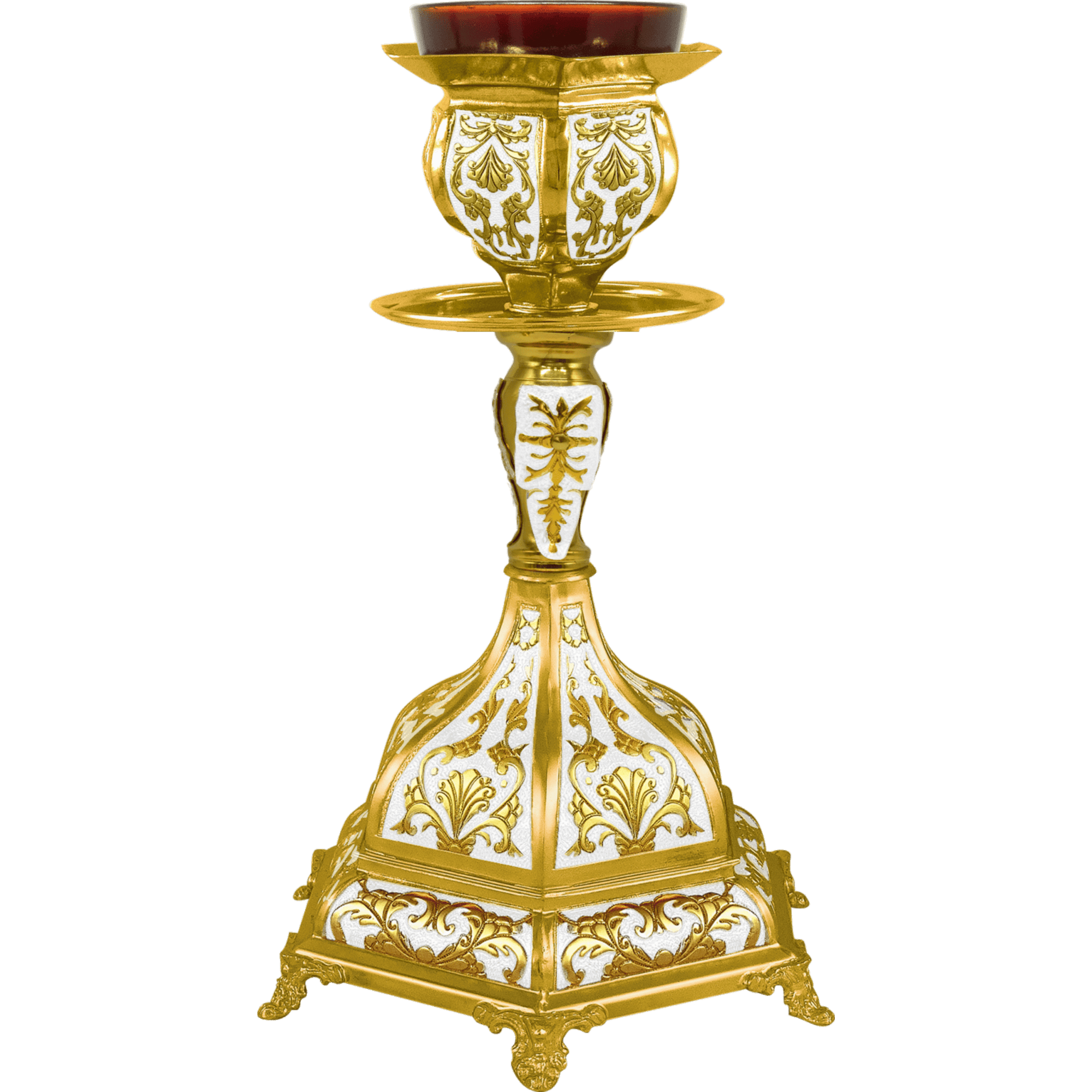 Ornate gold and white religious candle holder for church rituals, featuring intricate scrollwork and traditional design elements. Perfect for ecclesiastical ceremonies and church décor.