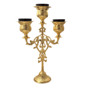 Elegant gold Orthodox candelabrum with three candle holders, ideal for church ceremonies and religious rituals, crafted with intricate design and high-quality materials.