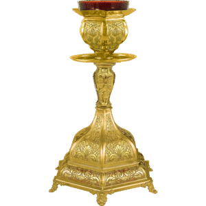 Gold-plated religious candle holder, ornate design for church candles, traditional ecclesiastical item, handcrafted sterling silver and gold finish, ideal for liturgical ceremonies and church interiors.