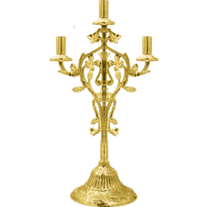 Intricate gold ecclesiastical candle holder, ornate religious accessories, traditional church decor, handcrafted church items, religious ceremony candle holder.