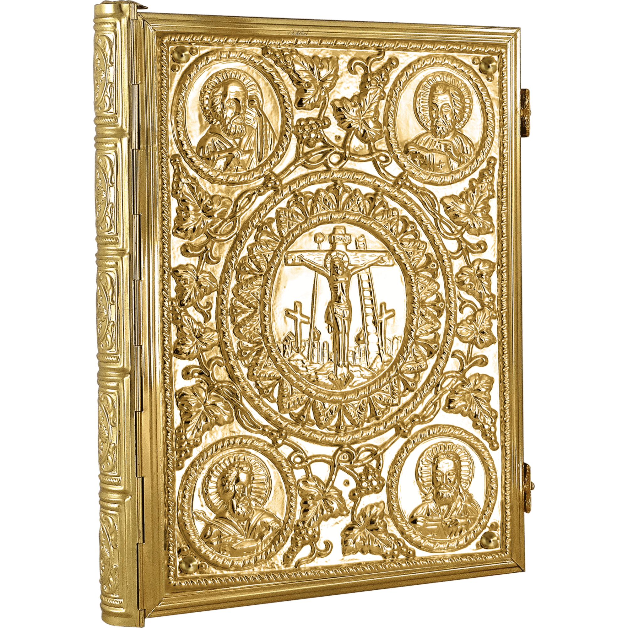 Intricately designed gold religious icon featuring Jesus Christ on the cross surrounded by saints, with floral patterns and detailed craftsmanship. Perfect for ecclesiastical use and religious ceremonies.