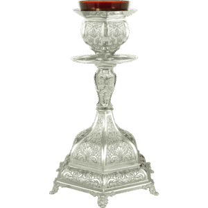 Ornate silver church candle holder, religious ecclesiastical items from Tsa tsaronis Antoniou, perfect for Orthodox church ceremonies and services.