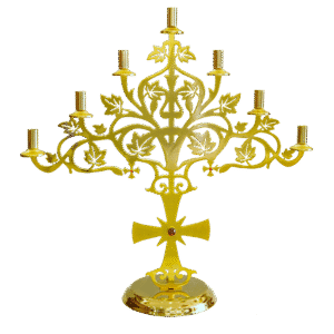 Intricate gold Candelabrum with traditional religious design, ideal for church ceremonies and Orthodox Christian worship.