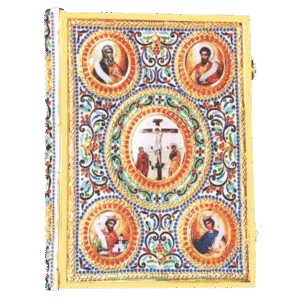 Colorful religious iconography featuring Christ on the cross, surrounded by saints, with intricate decorative patterns, representing ecclesiastical items from Tsa tsaronis Antonios episcopal store, ideal for church use.