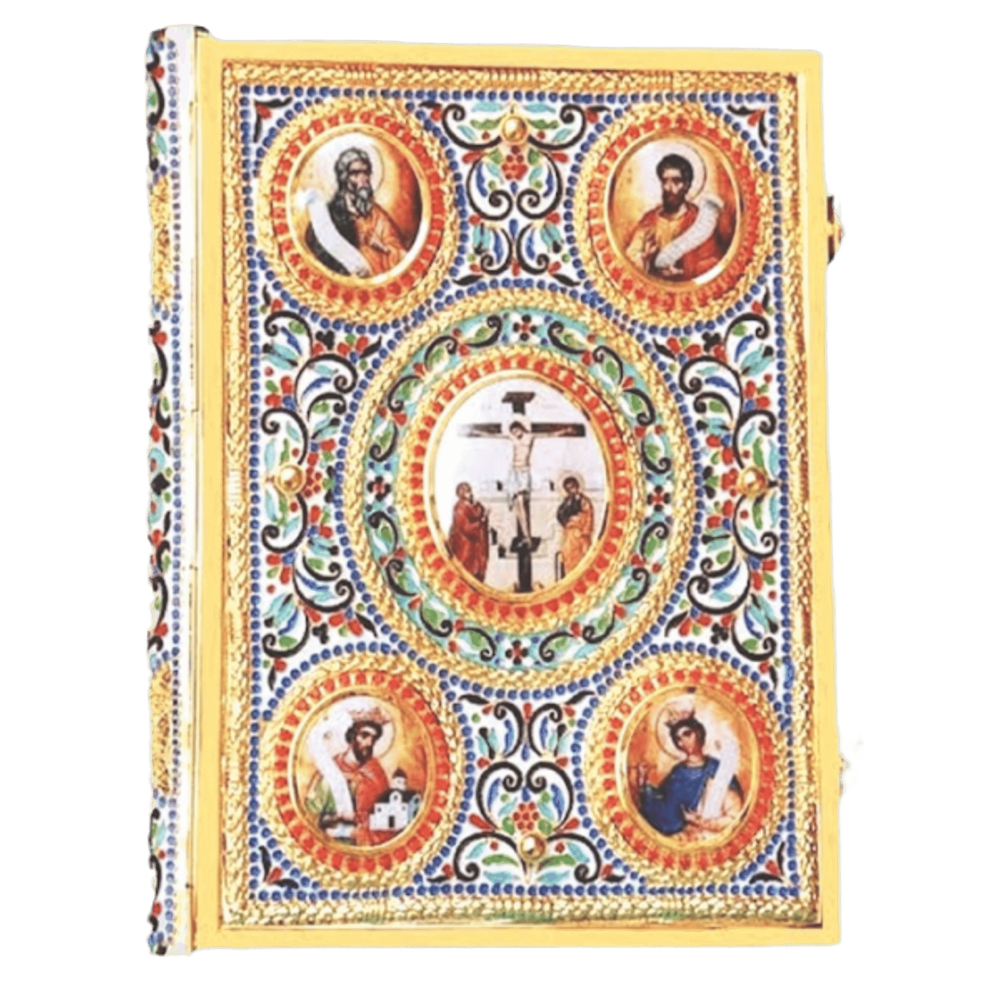Colorful religious iconography featuring Christ on the cross, surrounded by saints, with intricate decorative patterns, representing ecclesiastical items from Tsa tsaronis Antonios episcopal store, ideal for church use.