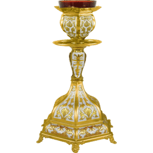 Exquisite gold and silver religious candelabrum with intricate floral patterns, ideal for church services and religious ceremonies.