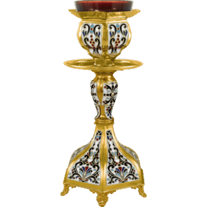 Intricately designed Orthodox church candle holder with ornate detailing, gold accents, and vibrant enamel patterns, ideal for religious ceremonies and worship settings.