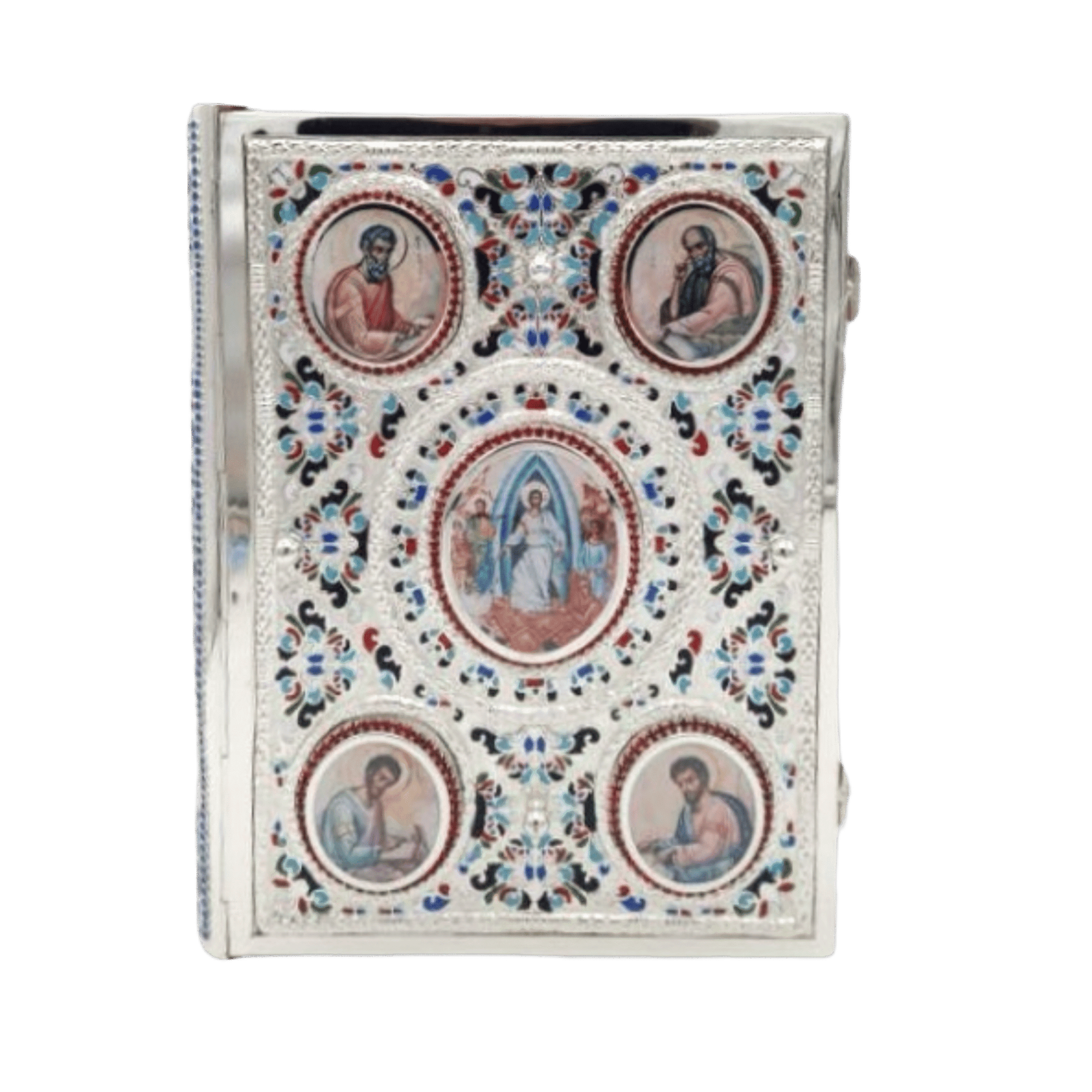 Intricate religious iconography on a silver ecclesiastical book cover with painted saints and Virgin Mary, suitable for church ceremonies and religious decorations.