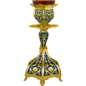 Silver and gold religious candle holder with intricate blue accents for Orthodox church ceremonies.