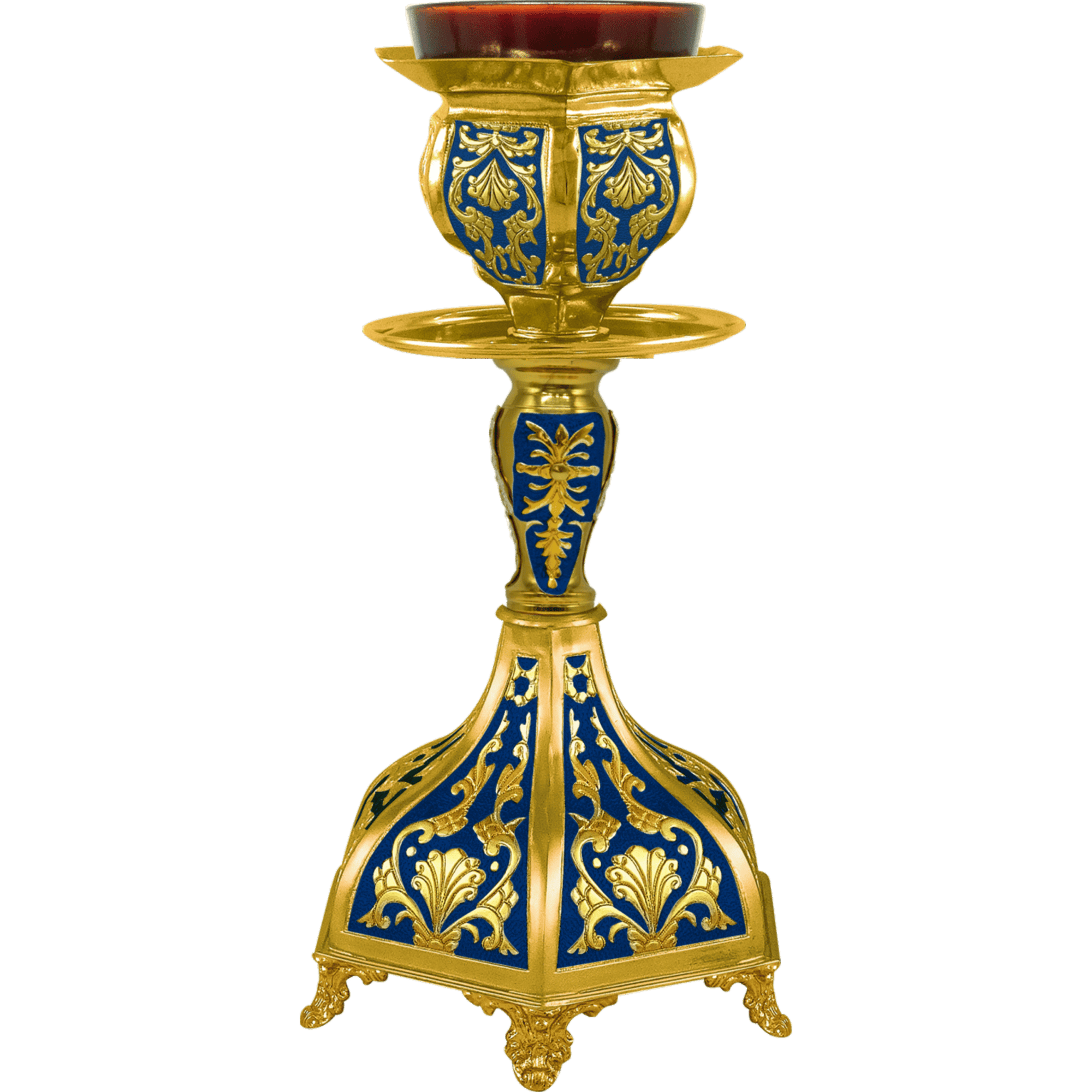 Silver and gold religious candle holder with intricate blue accents for Orthodox church ceremonies.