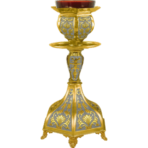 Intricate gold and silver church candle holder, religious ecclesiastical item with ornate design, perfect for liturgical use and church ceremonies.