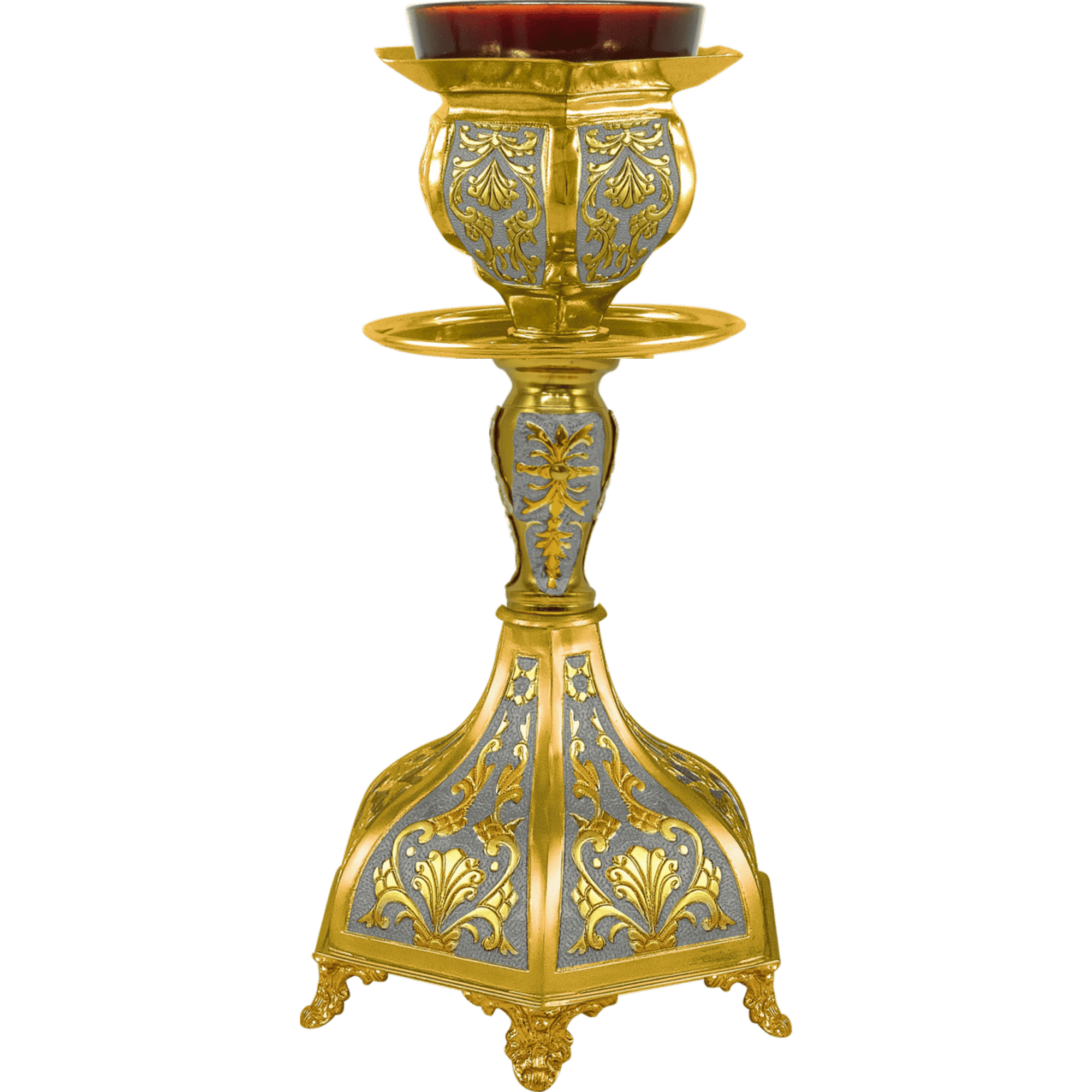 Intricate gold and silver church candle holder, religious ecclesiastical item with ornate design, perfect for liturgical use and church ceremonies.