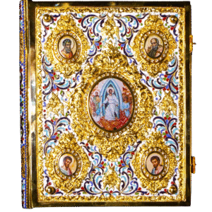 Ornate ecclesiastical icon with gold detailing, featuring religious images and intricate colorful decorations, ideal for church worship and religious ceremonies.