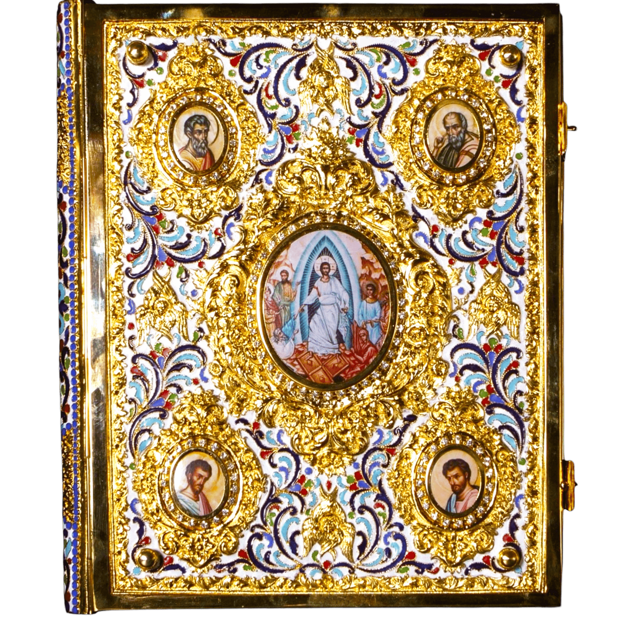 Ornate ecclesiastical icon with gold detailing, featuring religious images and intricate colorful decorations, ideal for church worship and religious ceremonies.