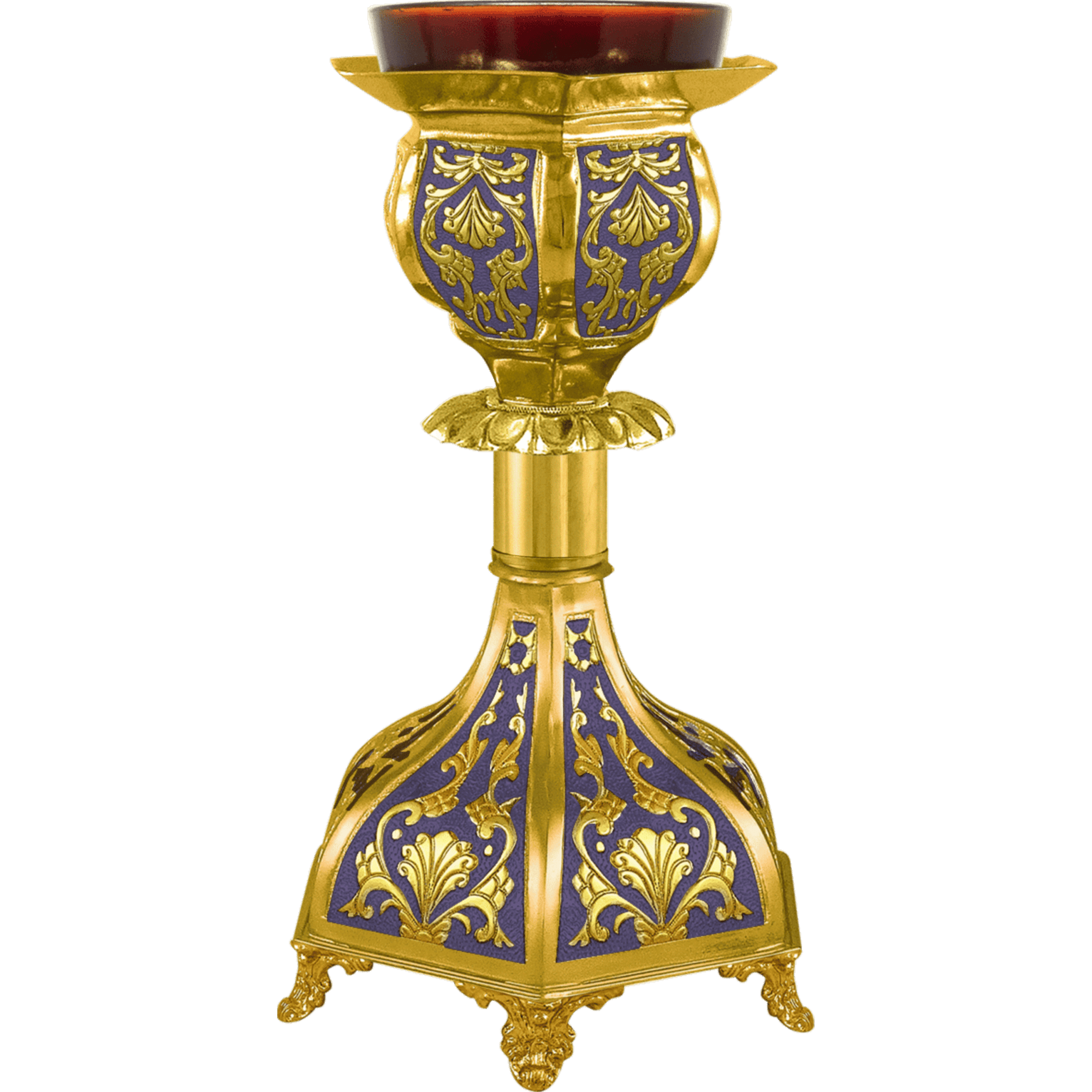 Exquisite church candle holder with ornate gold and purple design, perfect for religious ceremonies and ecclesiastical decorations.