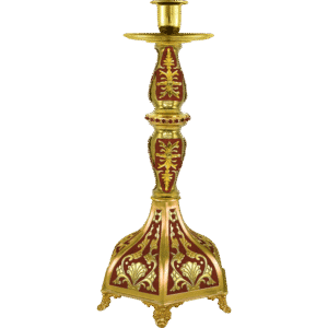 Elegant gold and red liturgical candle holder for church ceremonies, featuring intricate ecclesiastical design details, perfect for Orthodox religious settings.