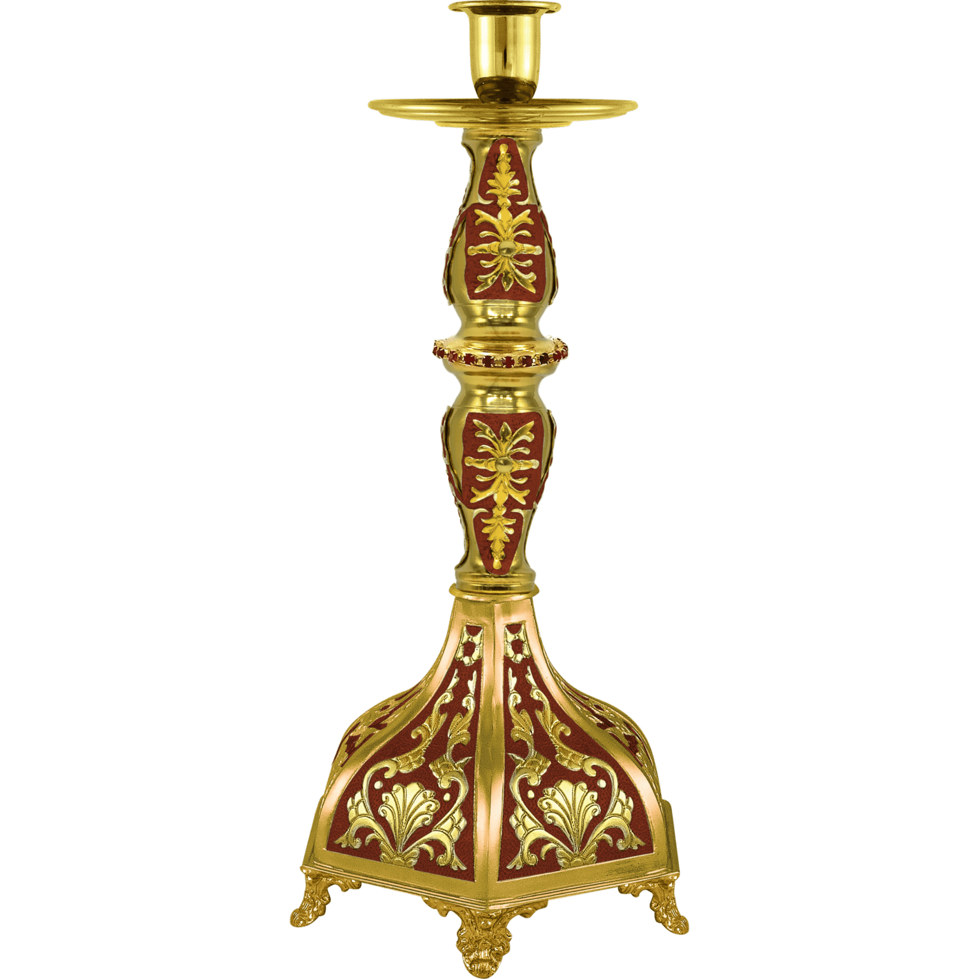 Elegant gold and red liturgical candle holder for church ceremonies, featuring intricate ecclesiastical design details, perfect for Orthodox religious settings.
