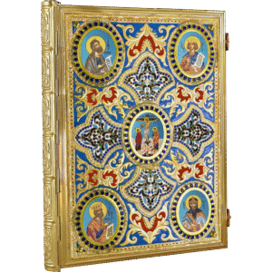 Colorful religious icon frame with ornate gold detailing and biblical figures, suitable for Orthodox church decor and religious ceremonies.