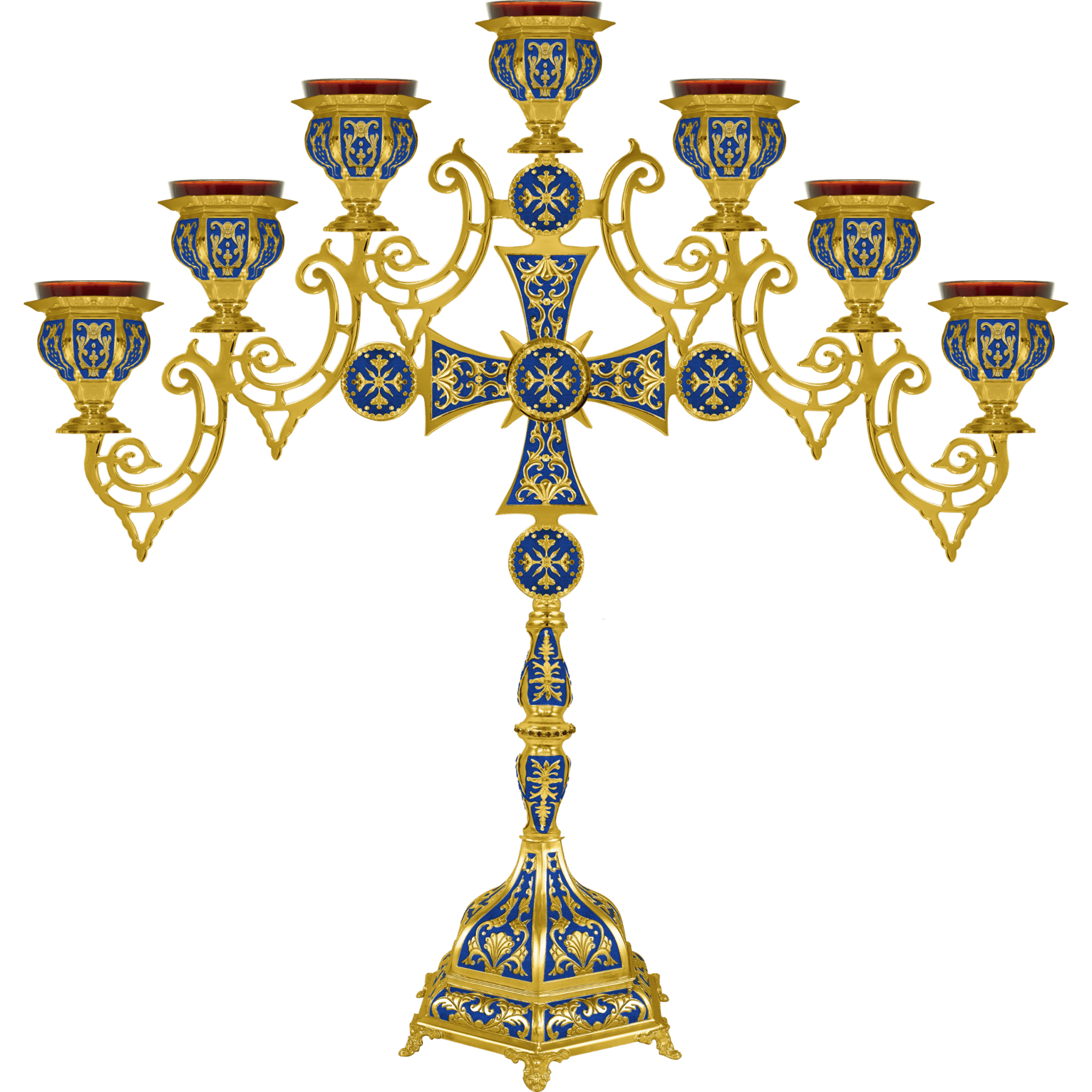 Ornate Orthodox Christian candelabrum with blue and gold details, used in church liturgical ceremonies.