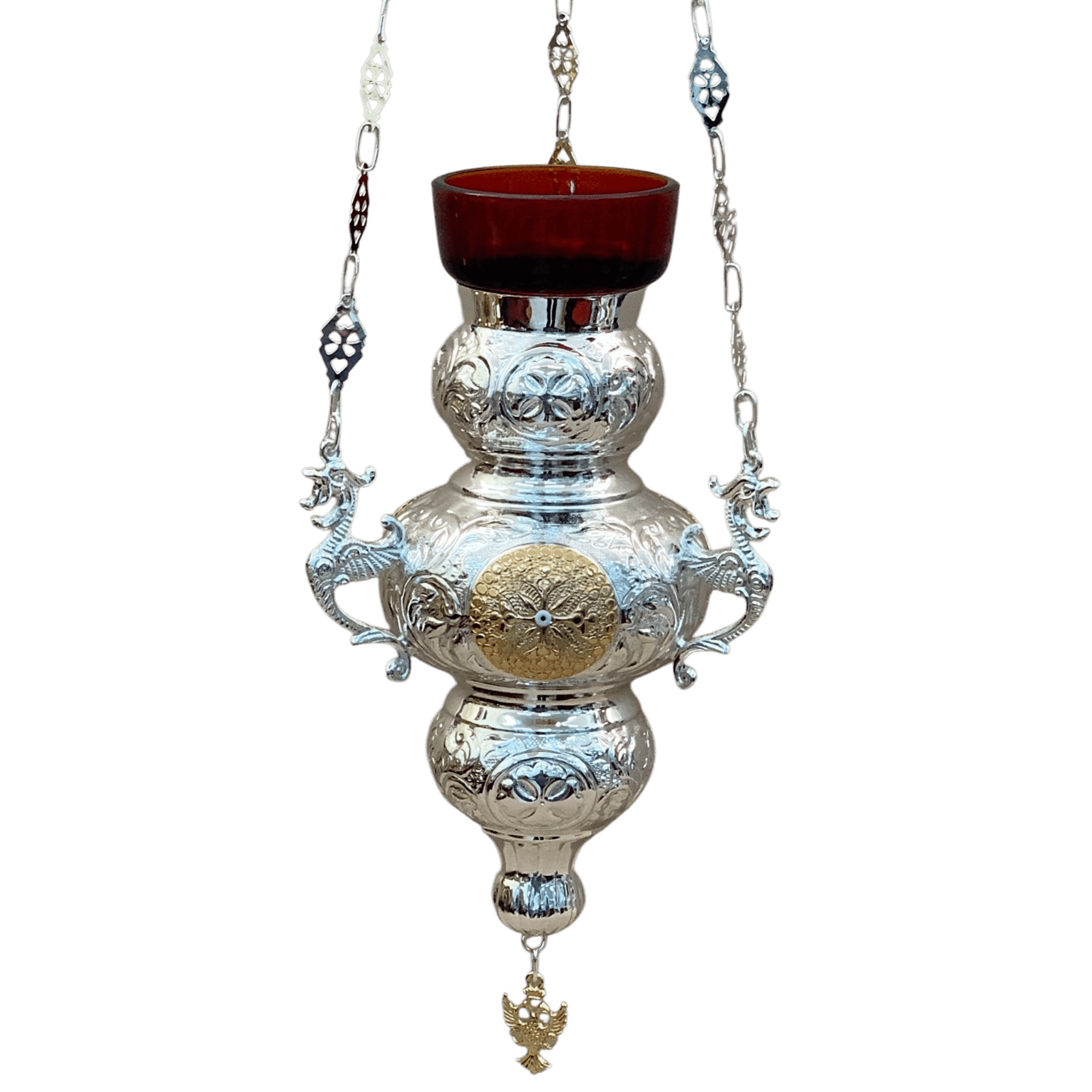 Intricately designed silver church lantern with red glass holder, traditional ecclesiastical ornament, handcrafted religious item, Orthodox church decor, religious lighting accessory.