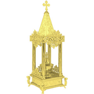 Intricately designed gold church relic, ornate religious artifact for Orthodox Christian ceremonies, featuring detailed craftsmanship and a cross atop.