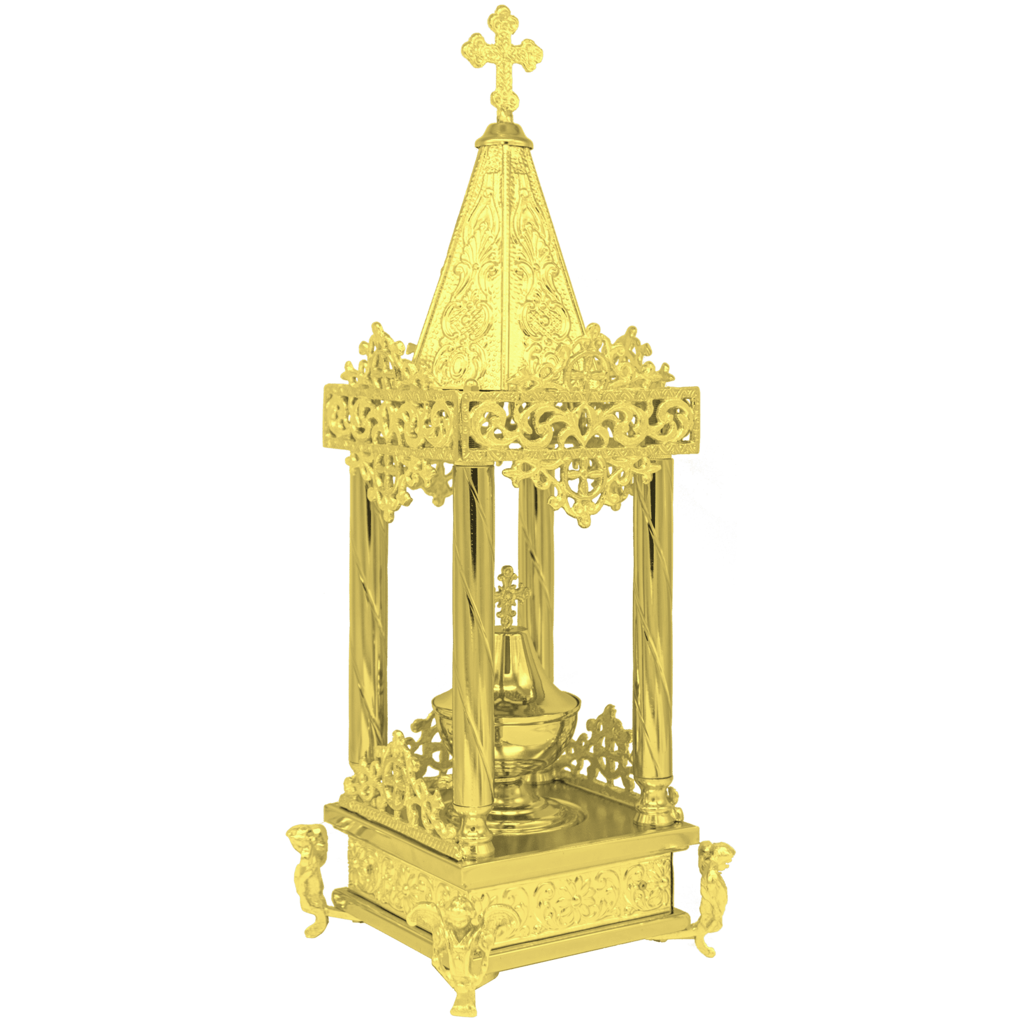 Intricately designed gold church relic, ornate religious artifact for Orthodox Christian ceremonies, featuring detailed craftsmanship and a cross atop.