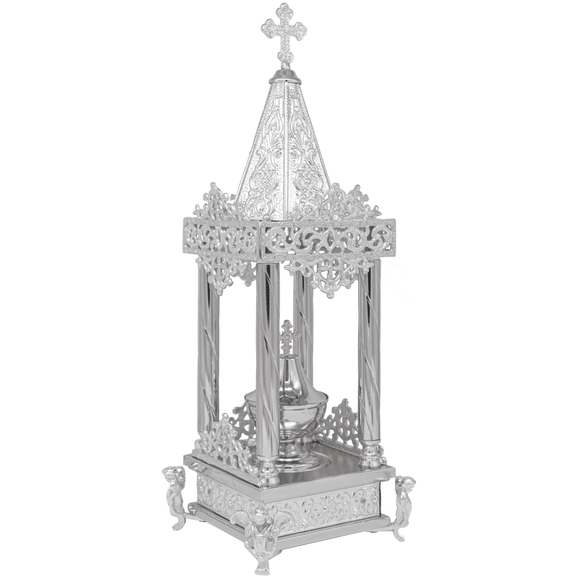 Intricate silver Orthodox church censer with detailed craftsmanship, used for religious ceremonies and sacred processions.