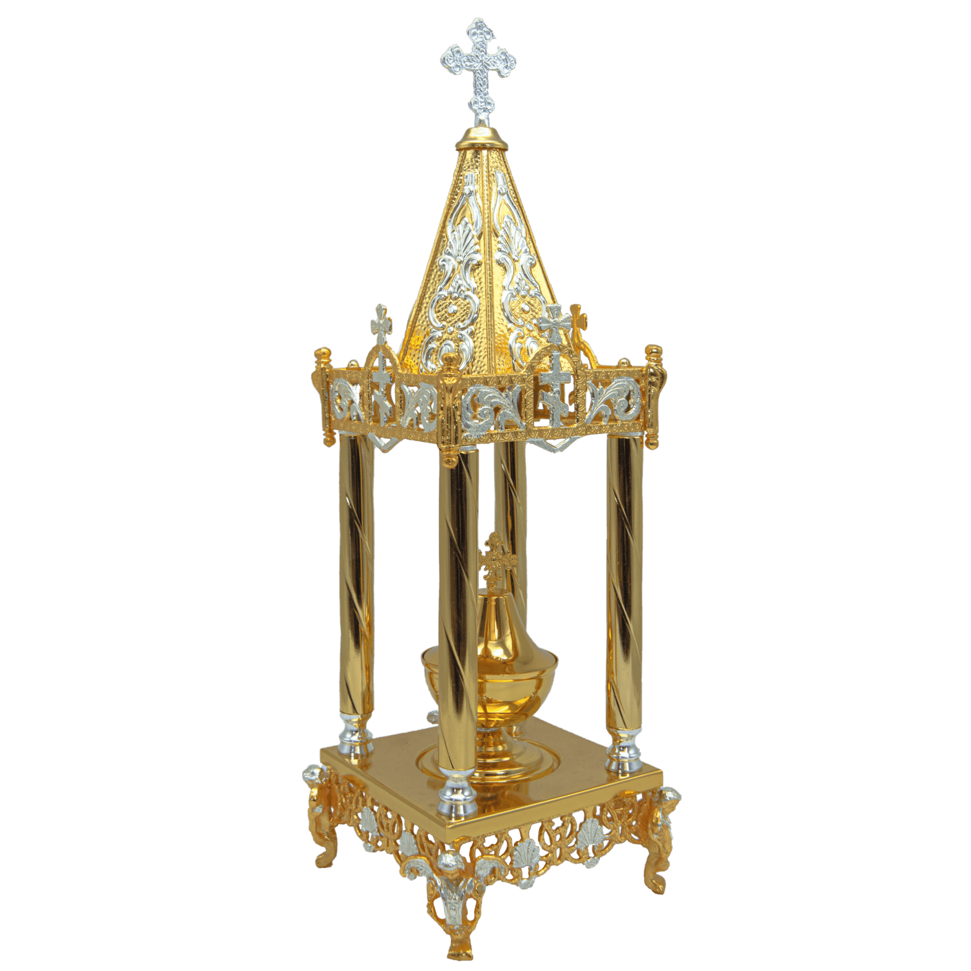 Intricate gold and silver ecclesiastical censer with ornate detailing, designed for religious ceremonies and church rituals, showcasing traditional craftsmanship and religious symbolism.