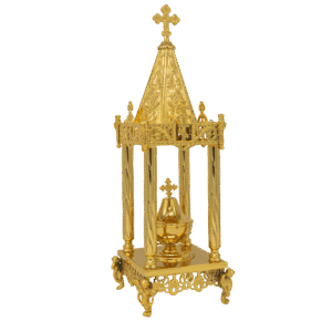 Ornate gold ecclesiastical religious item with a cross, designed for church ceremonies and sacred rituals, showcasing intricate craftsmanship and traditional ecclesiastical artistry.