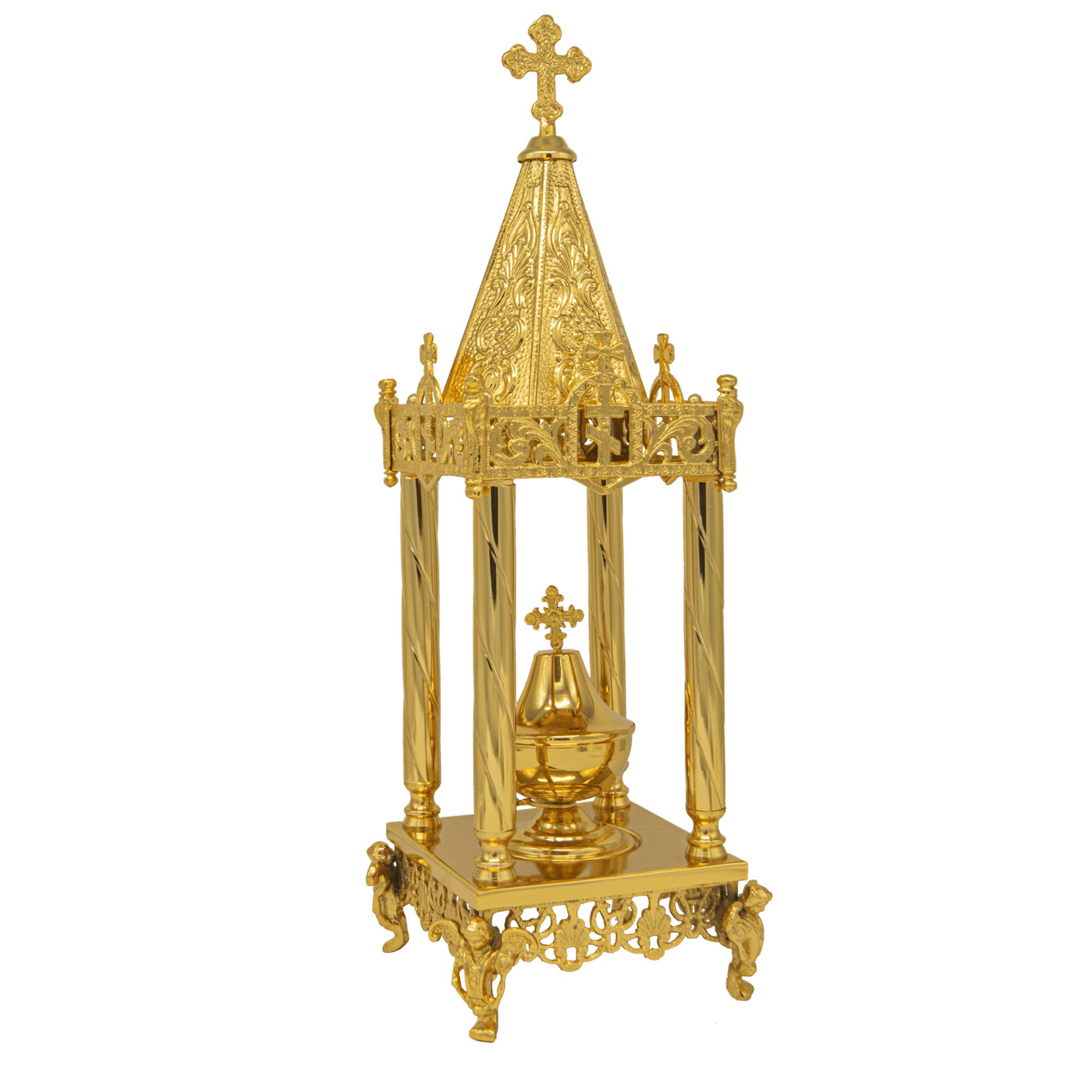 Ornate gold ecclesiastical religious item with a cross, designed for church ceremonies and sacred rituals, showcasing intricate craftsmanship and traditional ecclesiastical artistry.