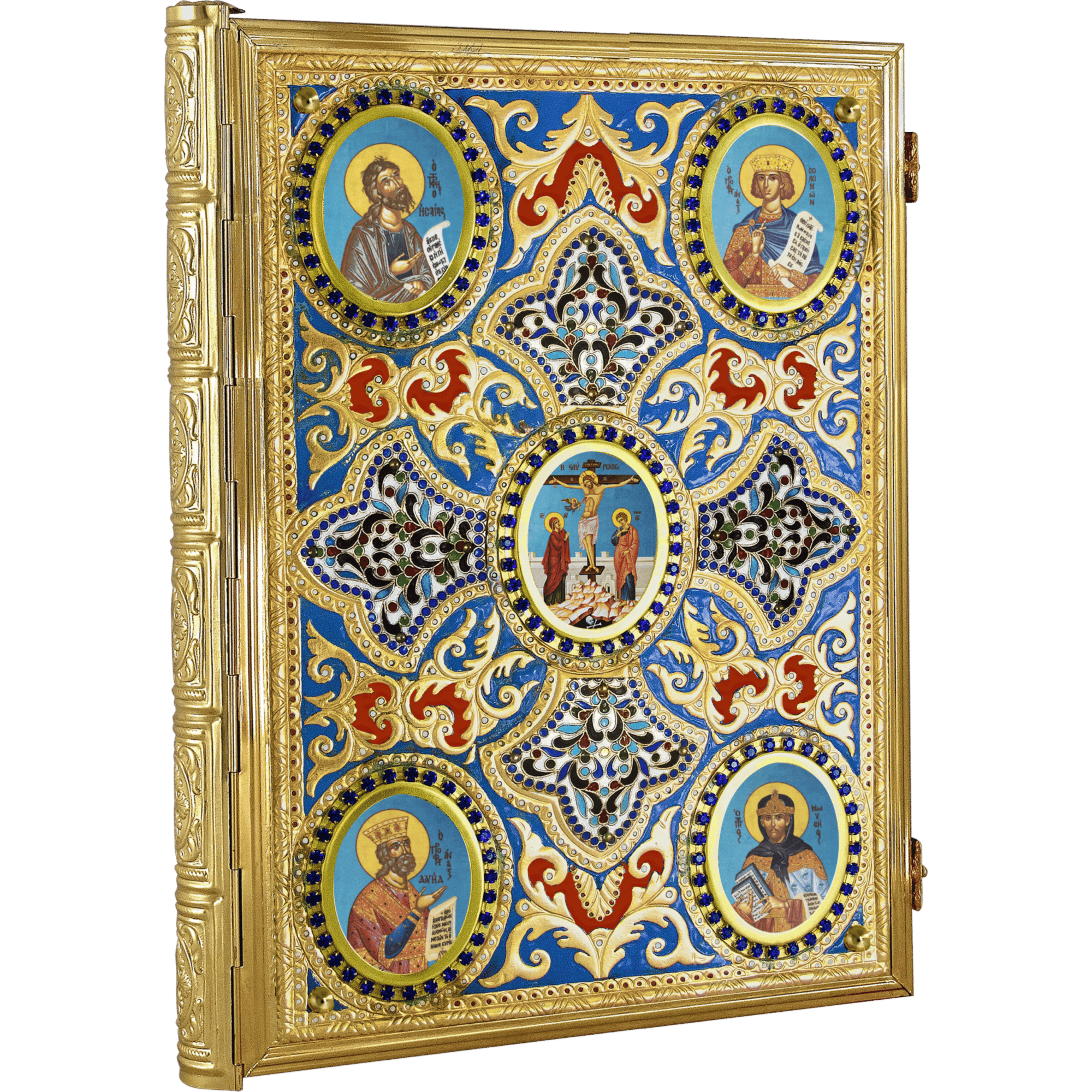 Colorful religious icon frame with ornate gold detailing and biblical figures, suitable for Orthodox church decor and religious ceremonies.