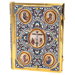 Ornate religious iconography book with detailed enamel and gold accents, featuring Christian saints and the crucifixion scene, used for church or religious ceremonies.