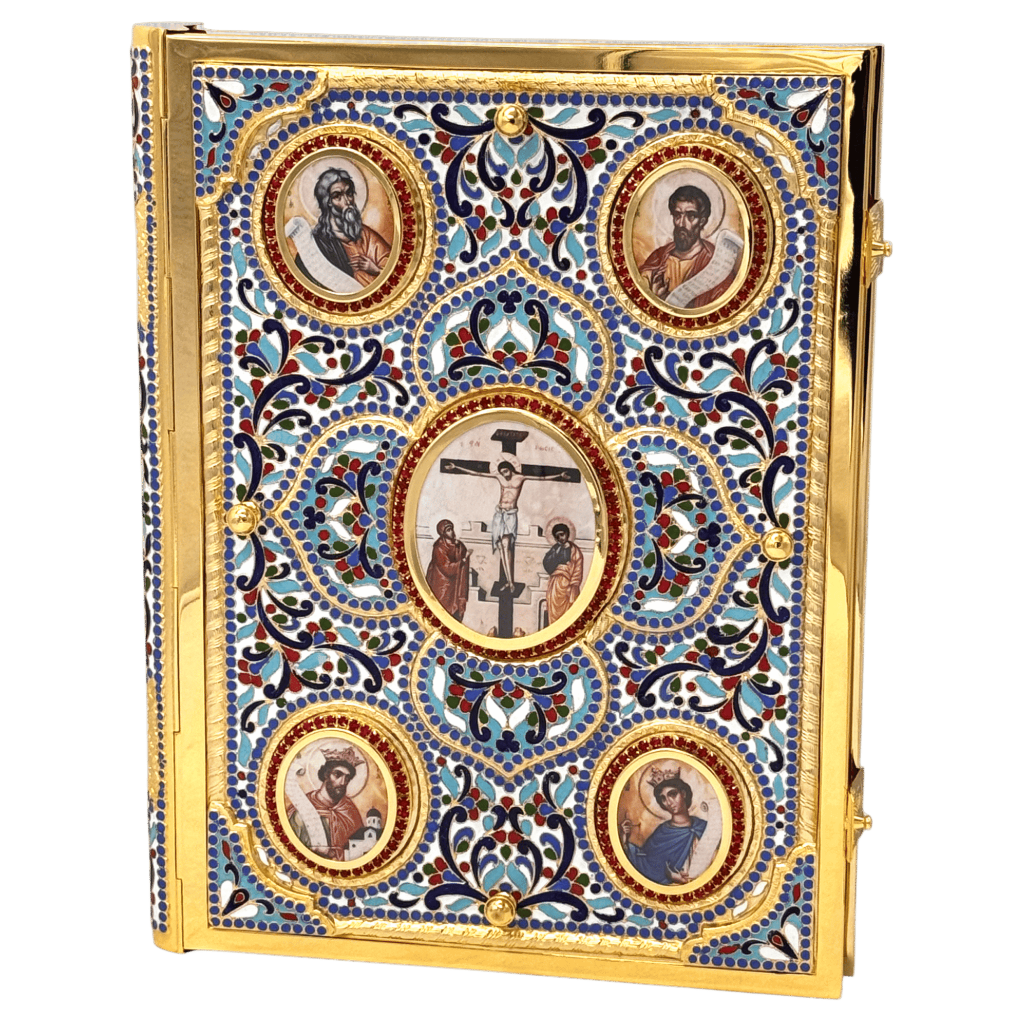 Ornate religious iconography book with detailed enamel and gold accents, featuring Christian saints and the crucifixion scene, used for church or religious ceremonies.