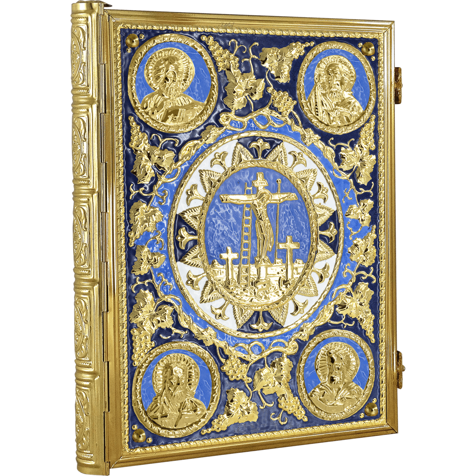 Ornate religious iconography with gold gilding and blue accents, featuring Christ on the cross and saints, ideal for ecclesiastical uses, from Εκκλησιαστικά Είδη Τσατσαρώνης Αντώνιος.