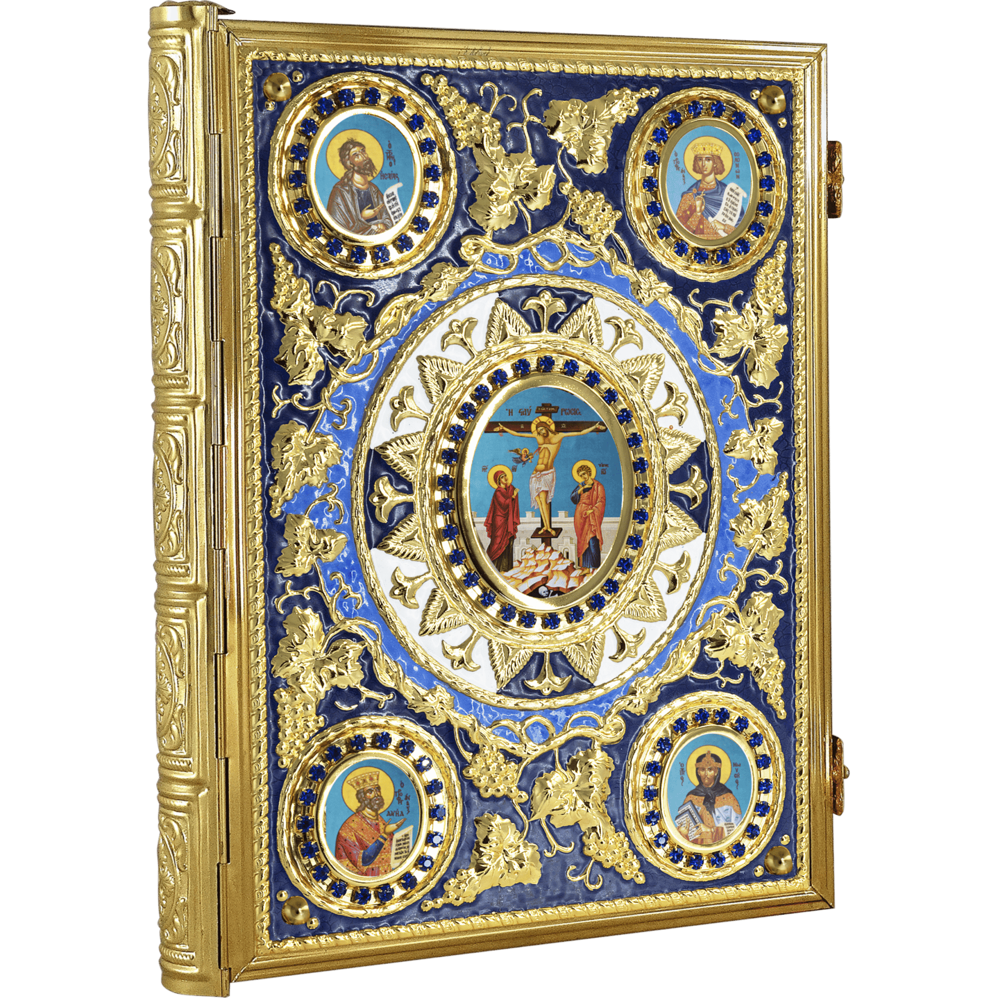 Intricately designed Orthodox Christian icon with gold embellishments, blue background, and religious saints depicting the crucifixion scene and holy figures, ideal for church use and religious ceremonies.