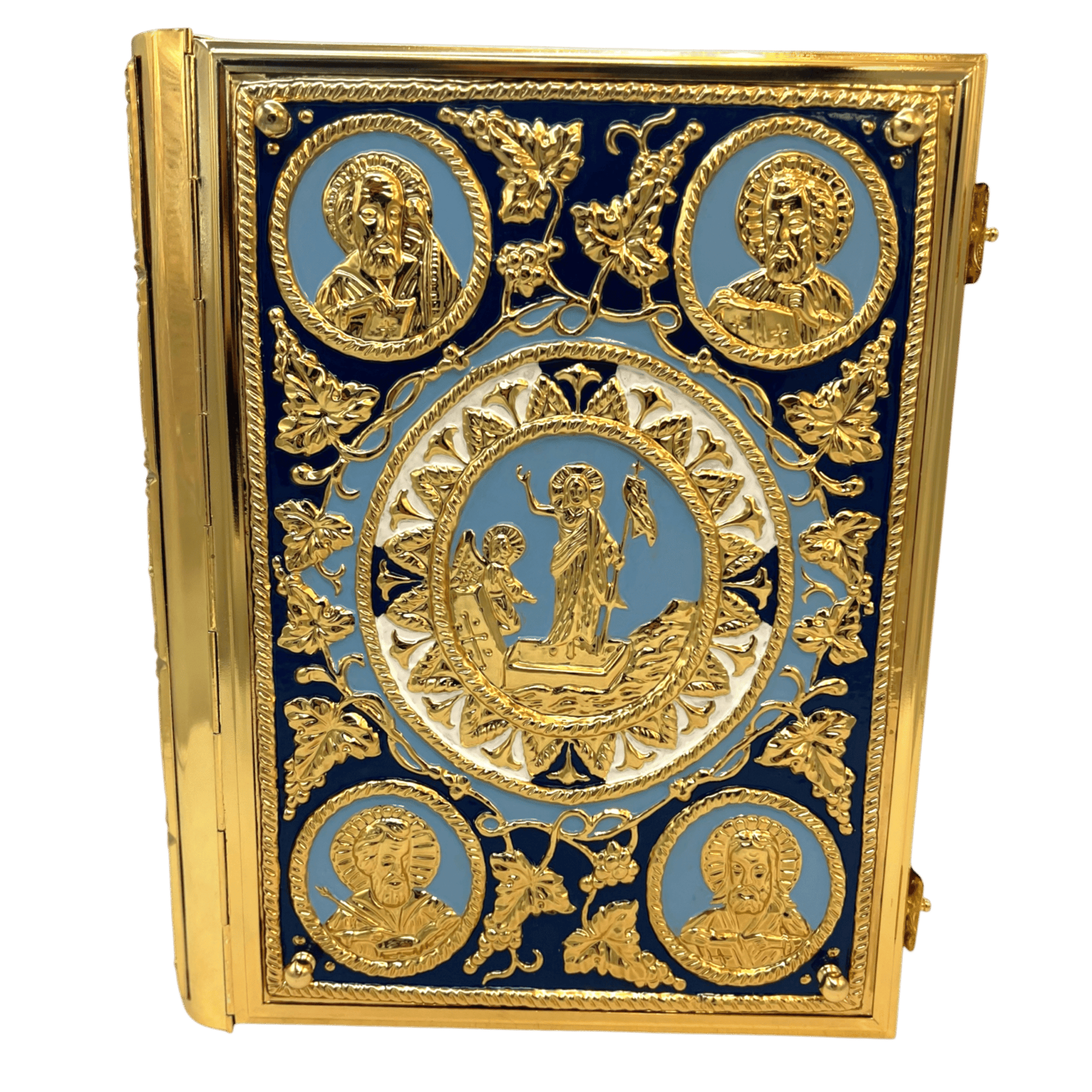 Intricately designed gold iconographic book cover featuring religious figures with Greek motifs, ideal for Orthodox church ceremonial use.