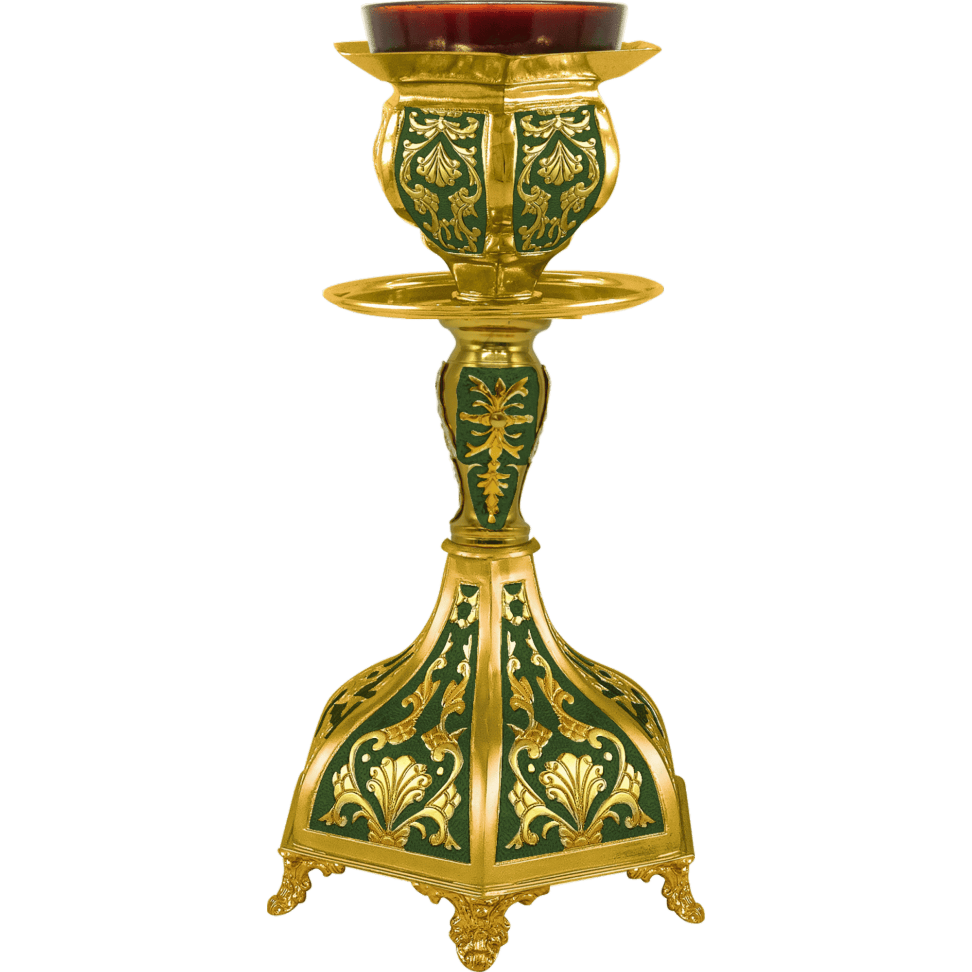 Ornate church candle holder with gold and green religious motifs, traditional ecclesiastical liturgical art, church furnishings, ceremonial candle holder for Orthodox Christian services.