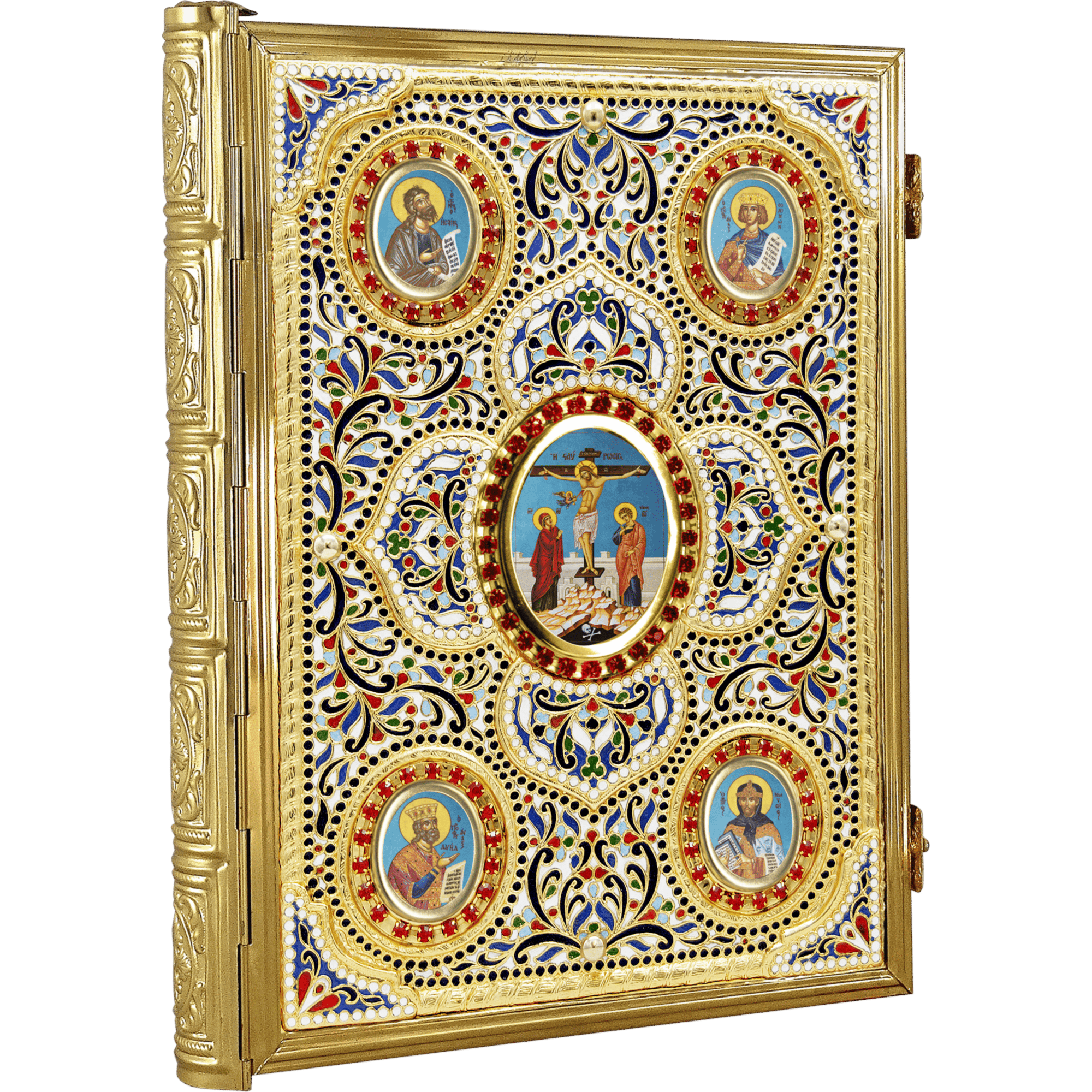 Colorful religious icon with gold frame and intricate design, featuring images of saints and Jesus Christ, used for church decoration and worship.