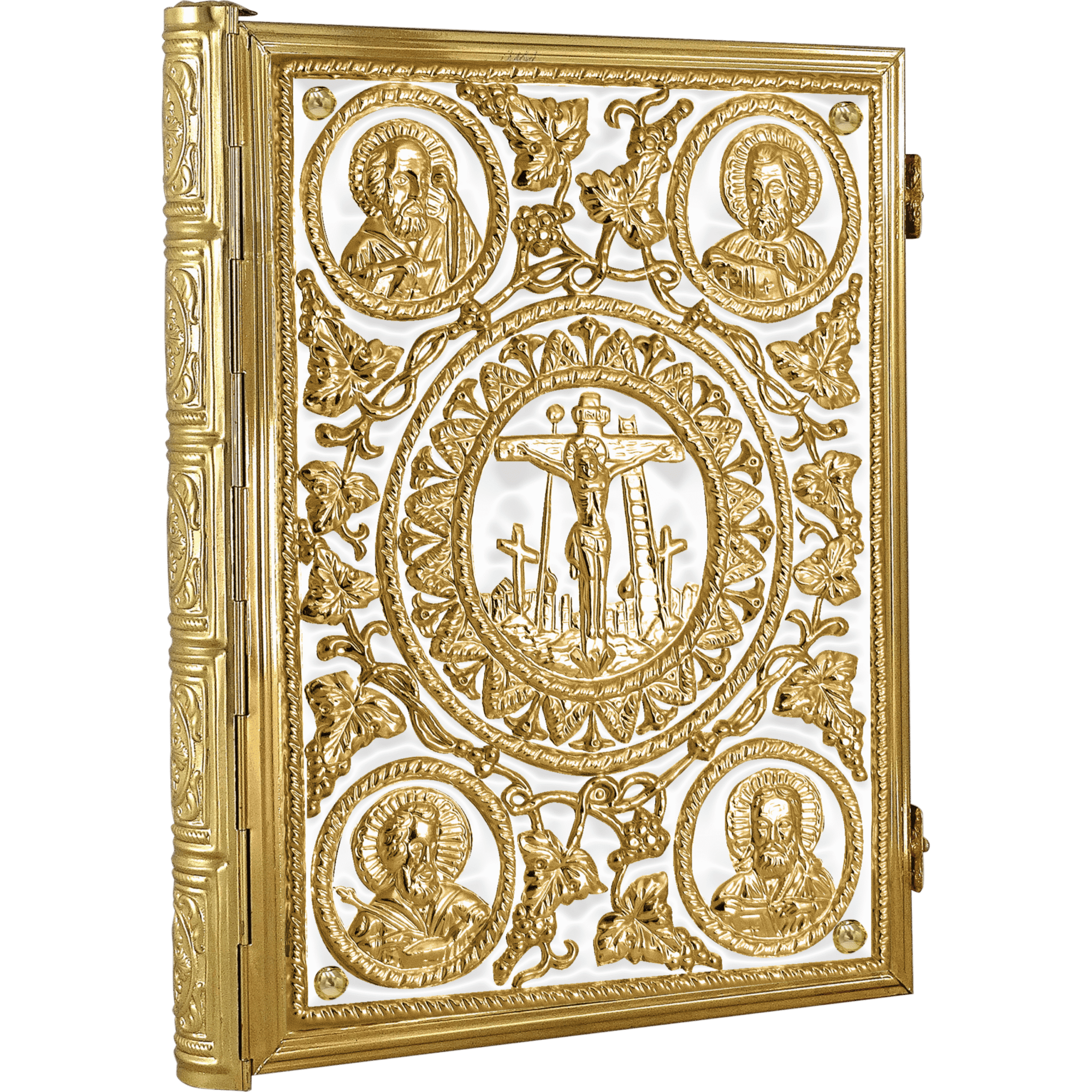 Ornate golden religious icon with crucifix, images of saints, and intricate floral design, used for church worship and decoration.