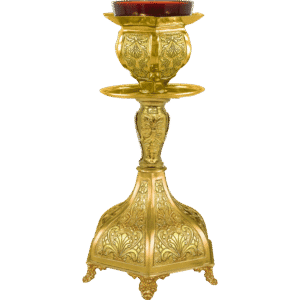 Ornate gold ecclesiastical candlestick holder for church services, featuring intricate religious engravings and classic design.