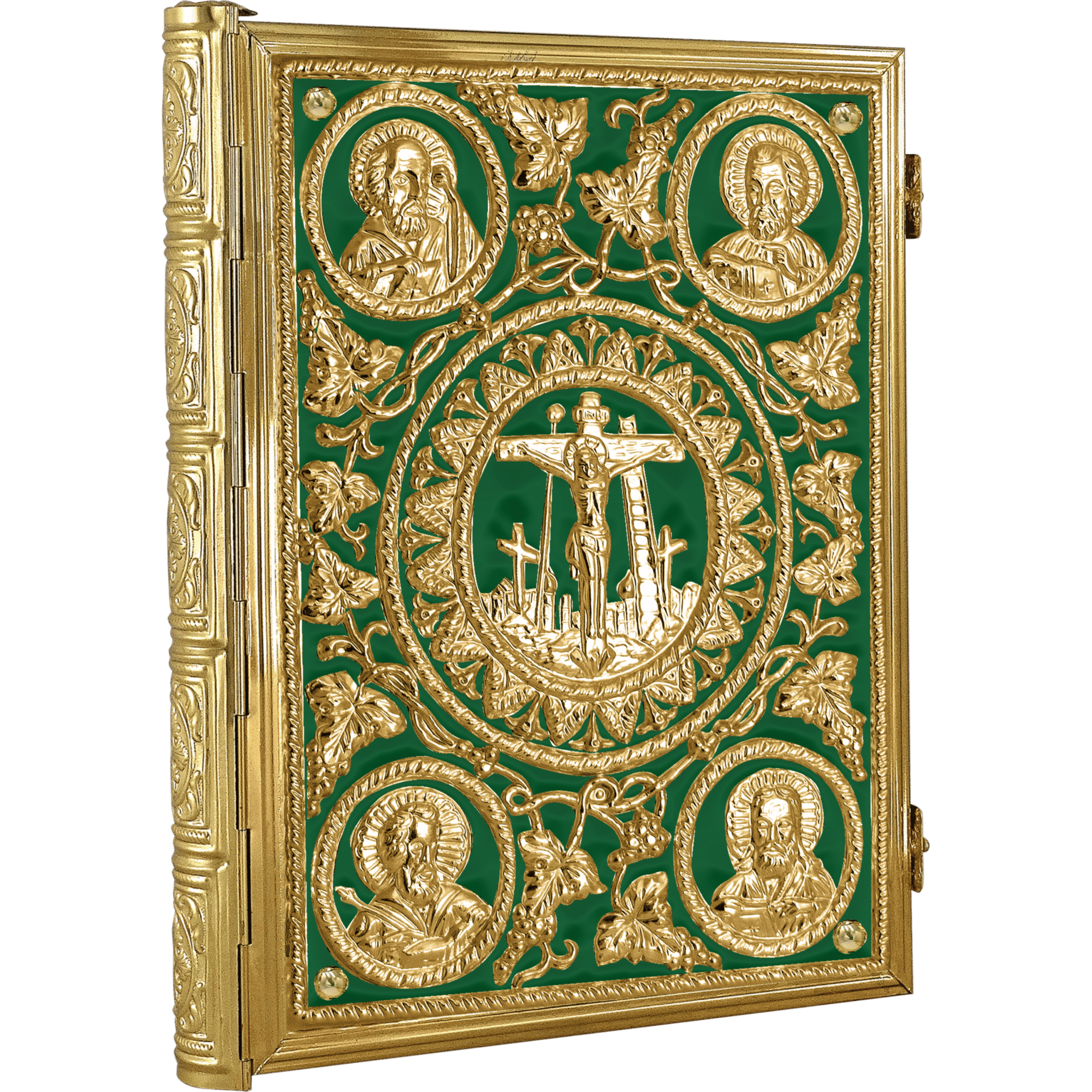 Intricate gold-plated religious icon featuring Jesus Christ on the cross, surrounded by saints and detailed Christian symbols, used for Orthodox church worship and sacred ceremonies.