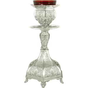 Ornate silver religious stand for church candles, traditional ecclesiastical church equipment, religious ceremonial altarware, handcrafted ecclesiastical artifacts, Greek Orthodox church accessories.