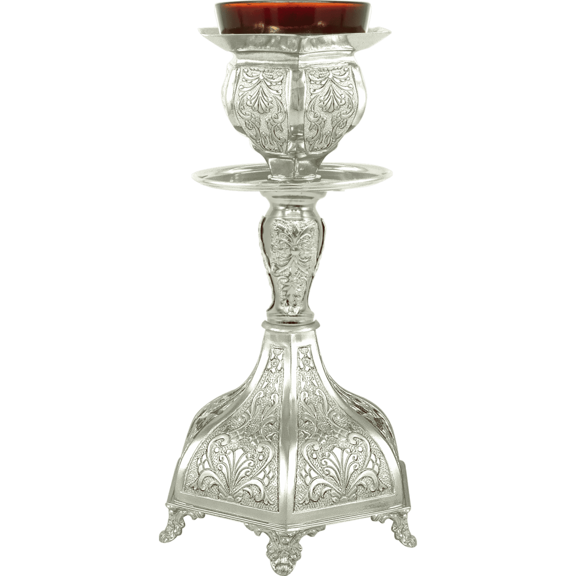 Ornate silver religious stand for church candles, traditional ecclesiastical church equipment, religious ceremonial altarware, handcrafted ecclesiastical artifacts, Greek Orthodox church accessories.
