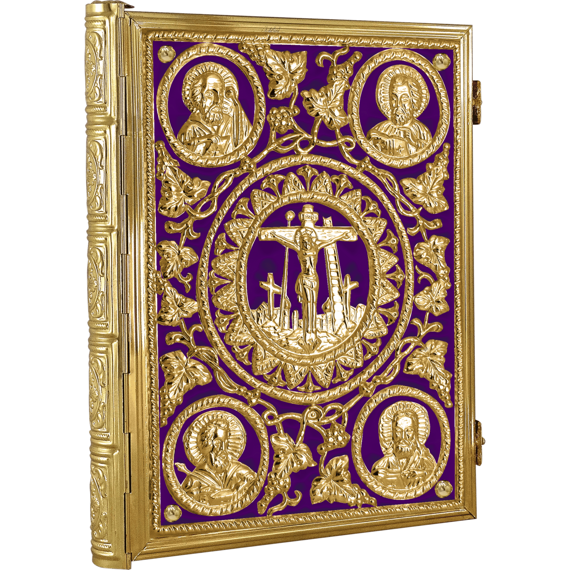 Exquisite gold-engraved religious iconography with Jesus Christ on the cross, surrounded by saints and intricate vine designs, ideal for Orthodox church churchware and religious ceremonial items.