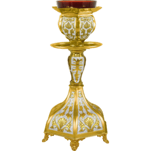 Ornate gold and silver ecclesiastical candle holder for church ceremonies, featuring intricate religious motifs and craftsmanship.