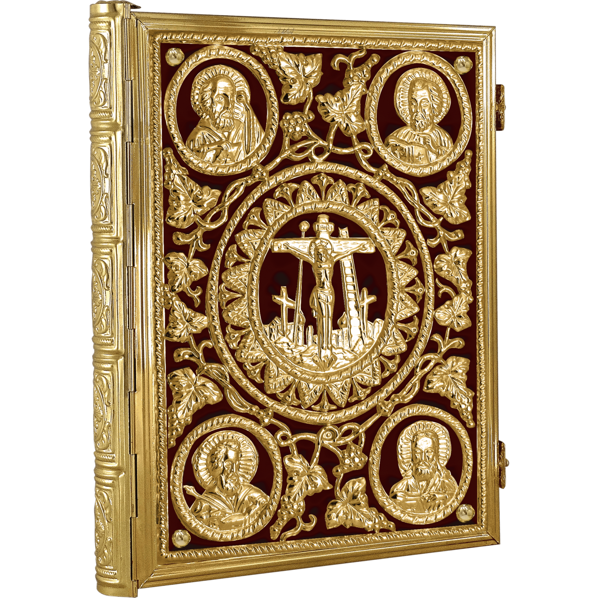 Intricate gold-embossed religious iconography with Christian saints and crucifix, ornate design, veneration items, церковные реликвии, ecclesiastical artifacts, sacred Christian symbols, religious art collection.